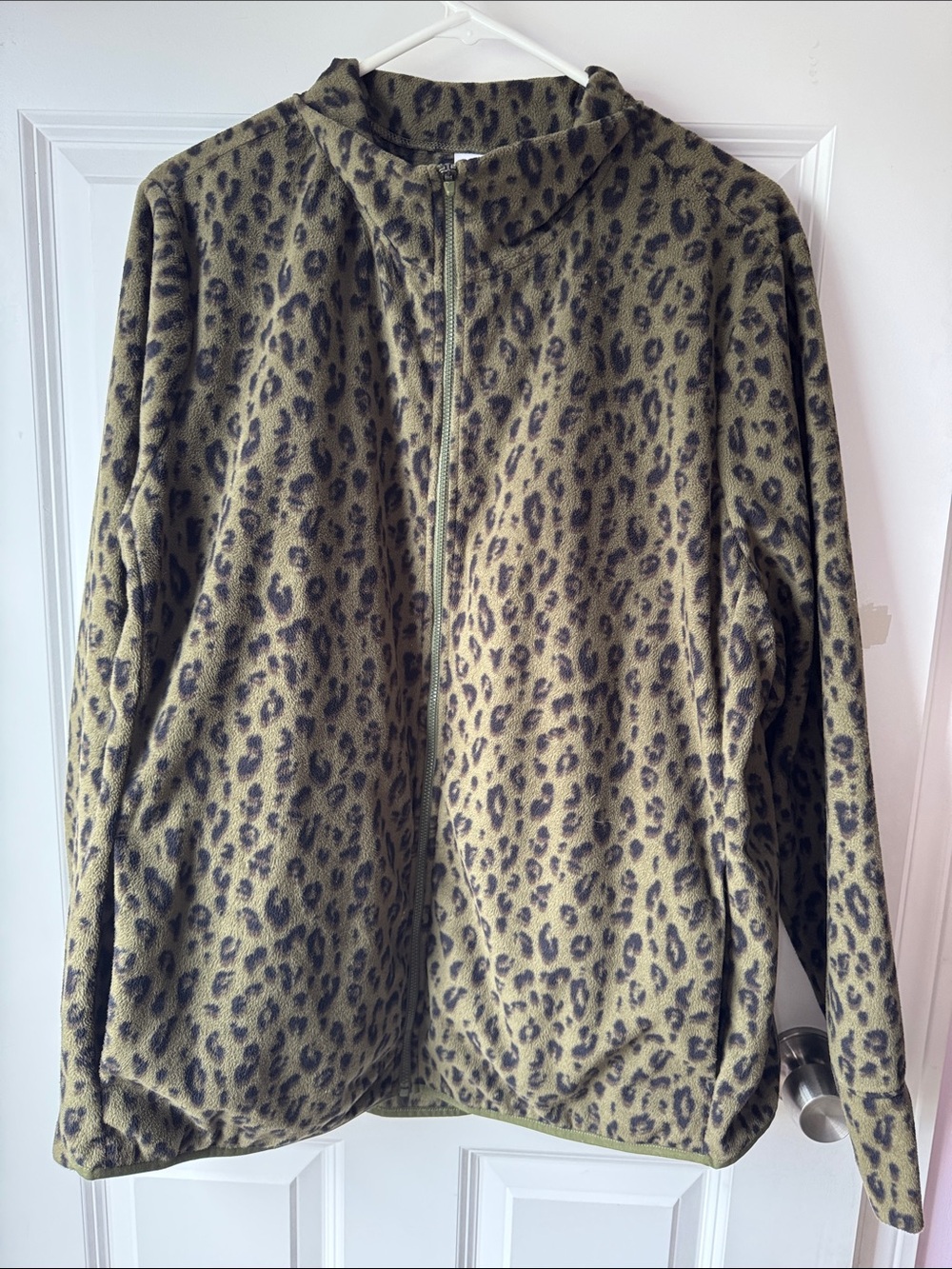 Old Navy Olive Leopard Print Zip-Up Teddy Jacket